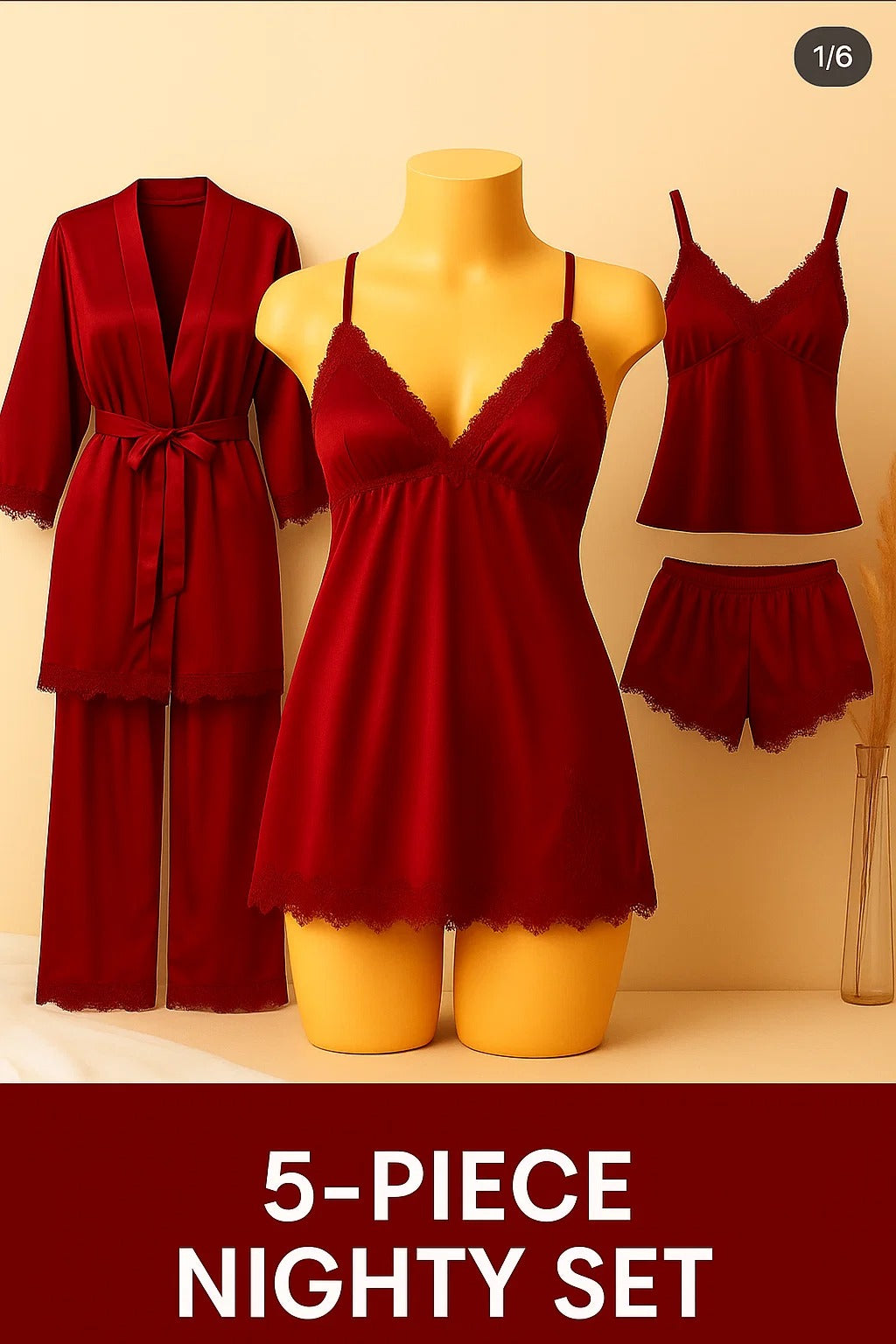 5 pcs nighty set (short , pajama , shirt , long shirt , gown )