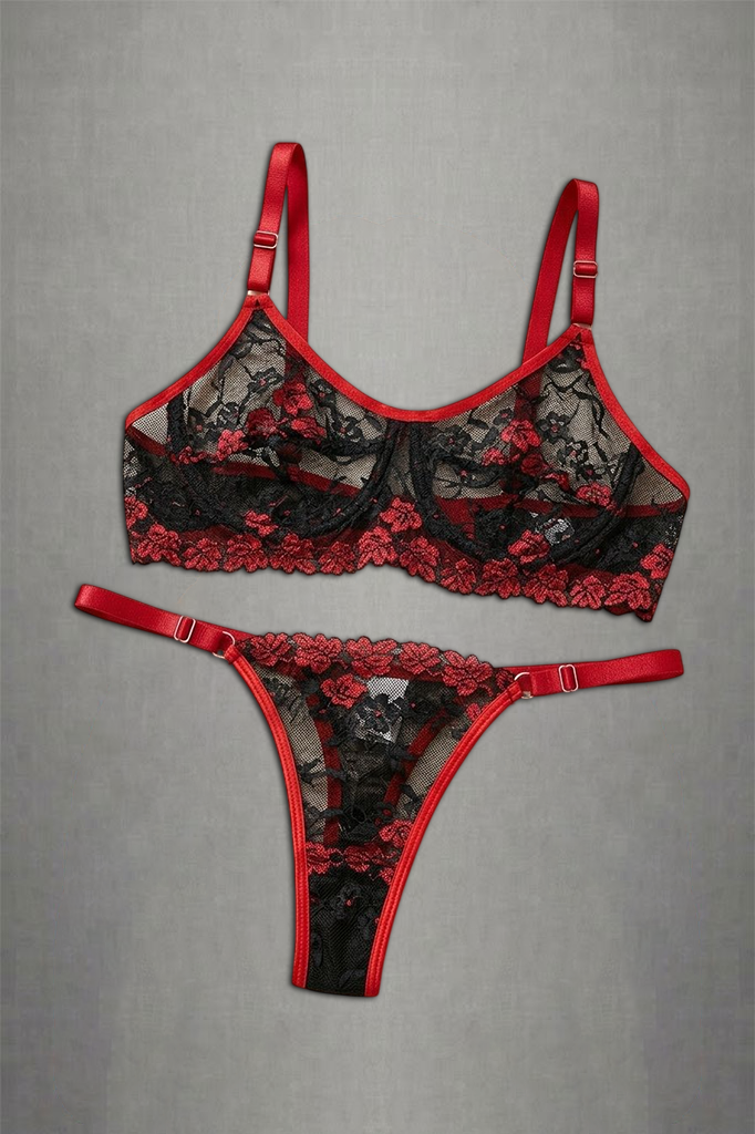 Red and Black see through Bra and Panty set