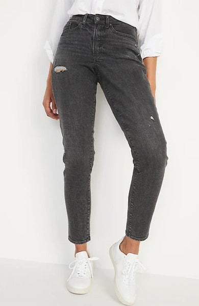 On high-waisted curvy straight ripped gray ankle jeans