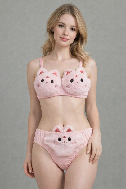 Cute Fluffy Catty Bra set