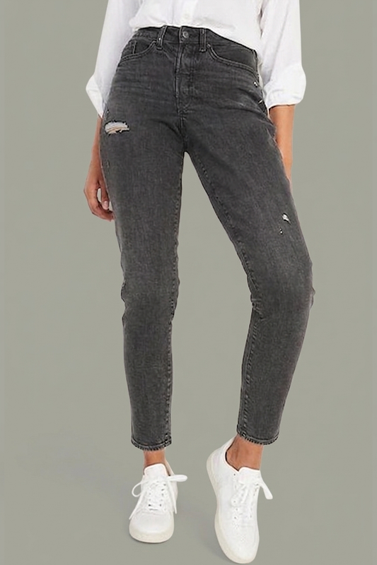 High-Waisted Curvy Straight Ripped Gray Ankle Jeans