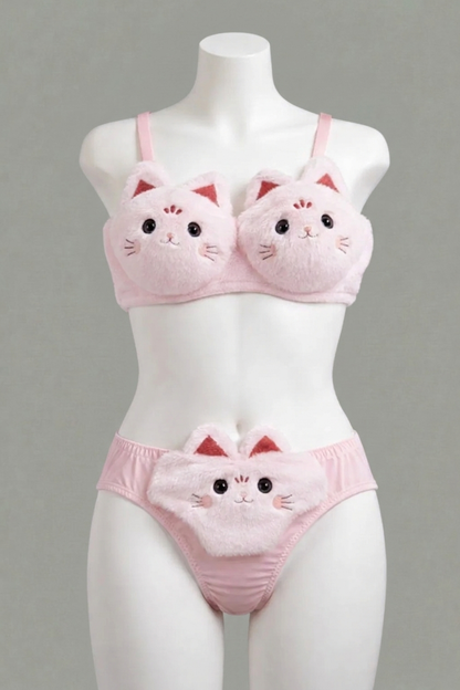 Cute Fluffy Catty Bra set